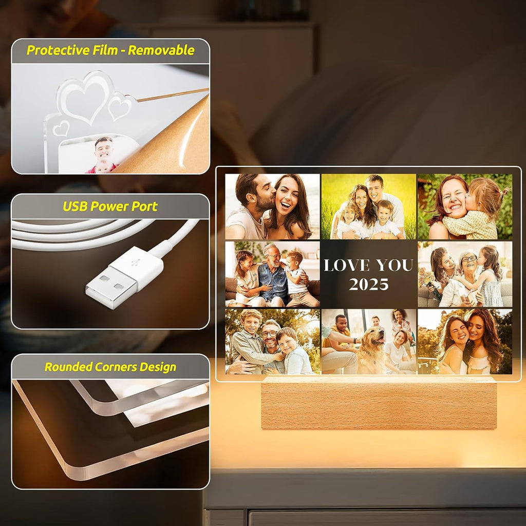 Custom Picture Frames with Photo, Personalized Photo Frame with Night Light, Customized Picture Frame, Personalized Anniversary Birthday Gifts for Women Men Mom Dad Grandma Grandpa Kids Family Friend