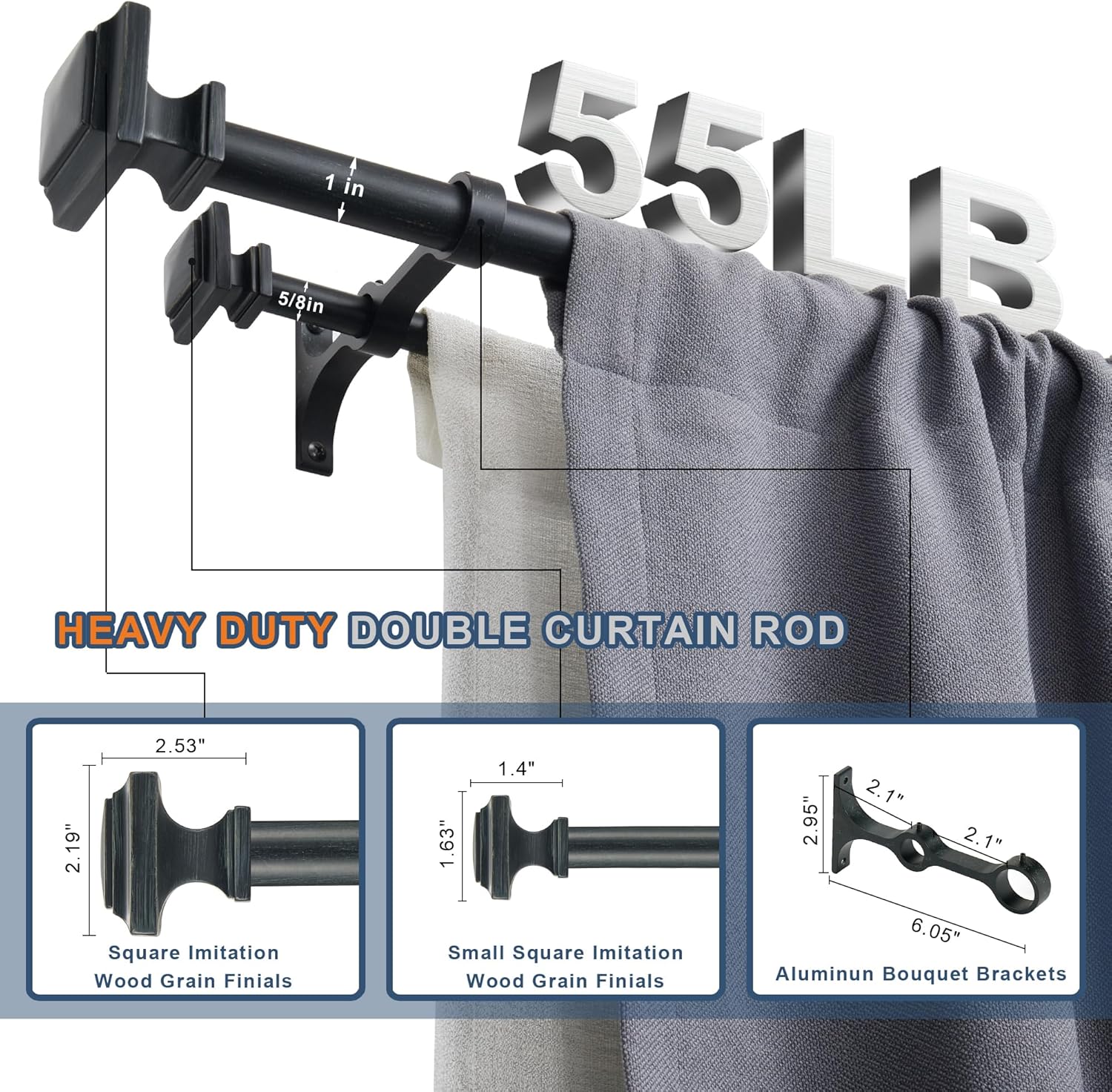 Double Wood Curtain Rods for Windows 36 to 72 Inches,1 Inch Decorative Wooden Curtain Rod with Square Imitation Wood Grain Finials and Double Aluminum Bouquet Bracket, Antique Black