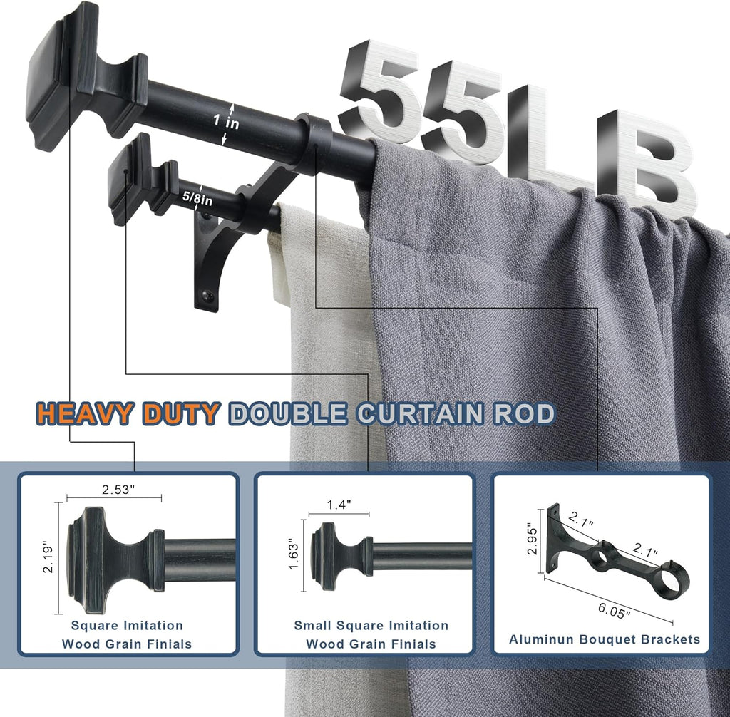 Double Wood Curtain Rods for Windows 72 to 144 Inches,1 Inch Decorative Wooden Curtain Rod with Square Imitation Wood Grain Finials and Double Aluminum Bouquet Bracket, Antique Black