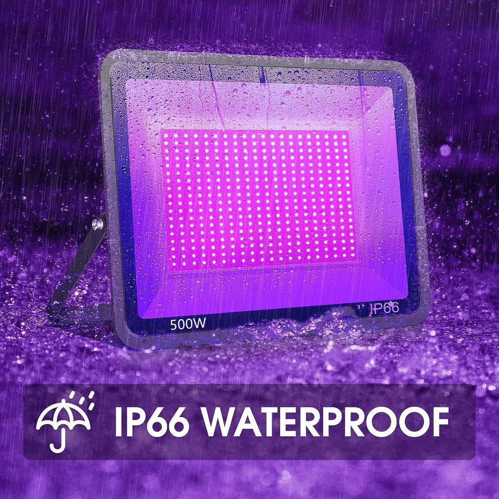 2 Pack 500W LED Black Lights,Outdoor Flood Blacklight Light with Plug, IP66 Waterproof 395nm to 410nm forGlow in The Dark, Dance Party, Stage Lighting, Body Paint, Fluorescent Poster, Neon Glow