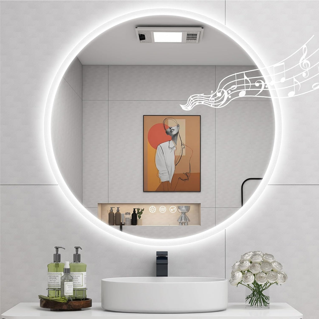 STARLEAD 32" LED-Bathroom-Mirror-with-Lights, Wall-Mounted with Bluetooth Speaker, Anti-Fog, 3 Color Temperature, Dimmable Brightness, IP65 Waterproof, Tempered Glass, Frontlit & Backlit, Round