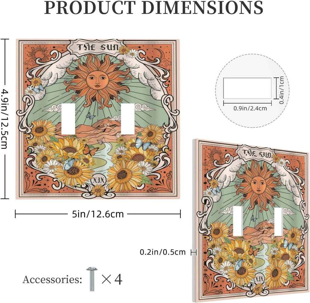 Boho Retro Sun Sunflower Vintage Flower Butterfly Decorative Switch Plates 2 Gang Double Toggle Outlet Light Switch Cover Wall Plate Electrical Faceplate for Farmhouse Home Decor