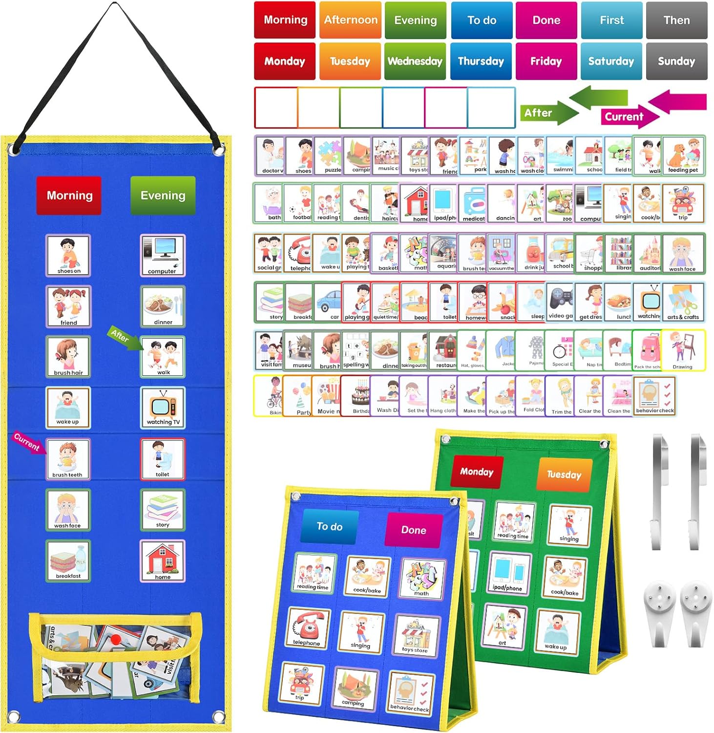 KIKIGOAL Kids Visual Schedule Calendar Chart, Double Side Autism Daily Chore Routine Chart with 113 Cards Autism Learning Materials Kids Visual Behavioral Tool Wall Planner for Home School