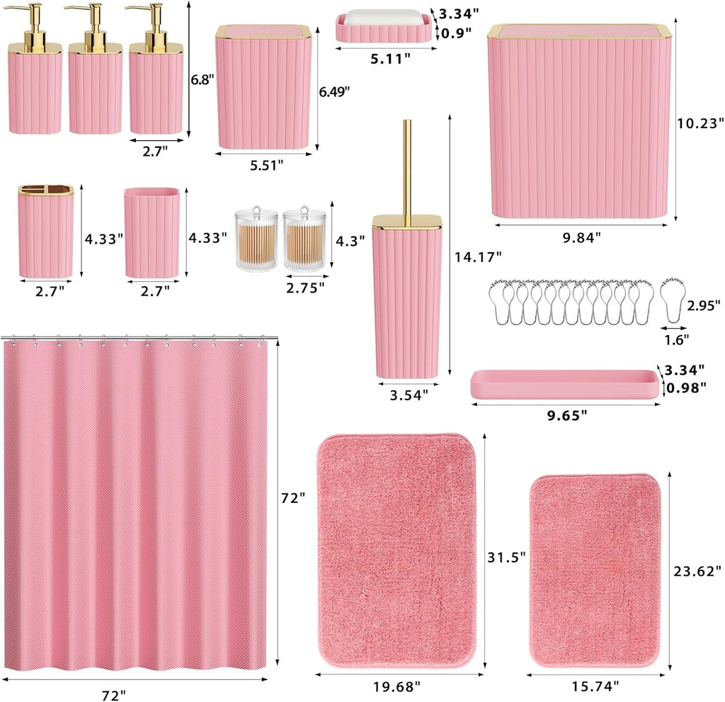 Bathroom Accessory Set - Bathroom Set, 27PC Bathroom Accessories Set, Pink Bathroom Sets with Shower Curtain and Rugs, Mini Trash Can, Toilet Brush, Trash Can & Soap Dispenser