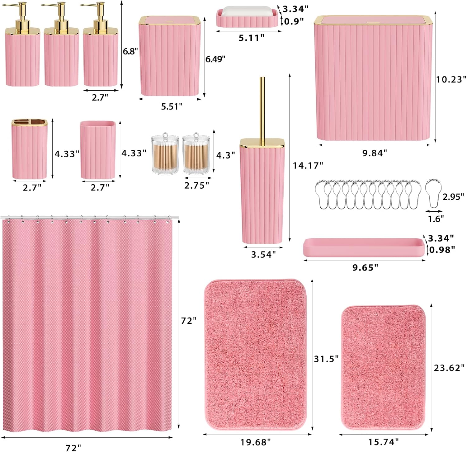 Bathroom Accessory Set - Bathroom Set, 27PC Bathroom Accessories Set, Pink Bathroom Sets with Shower Curtain and Rugs, Mini Trash Can, Toilet Brush, Trash Can & Soap Dispenser