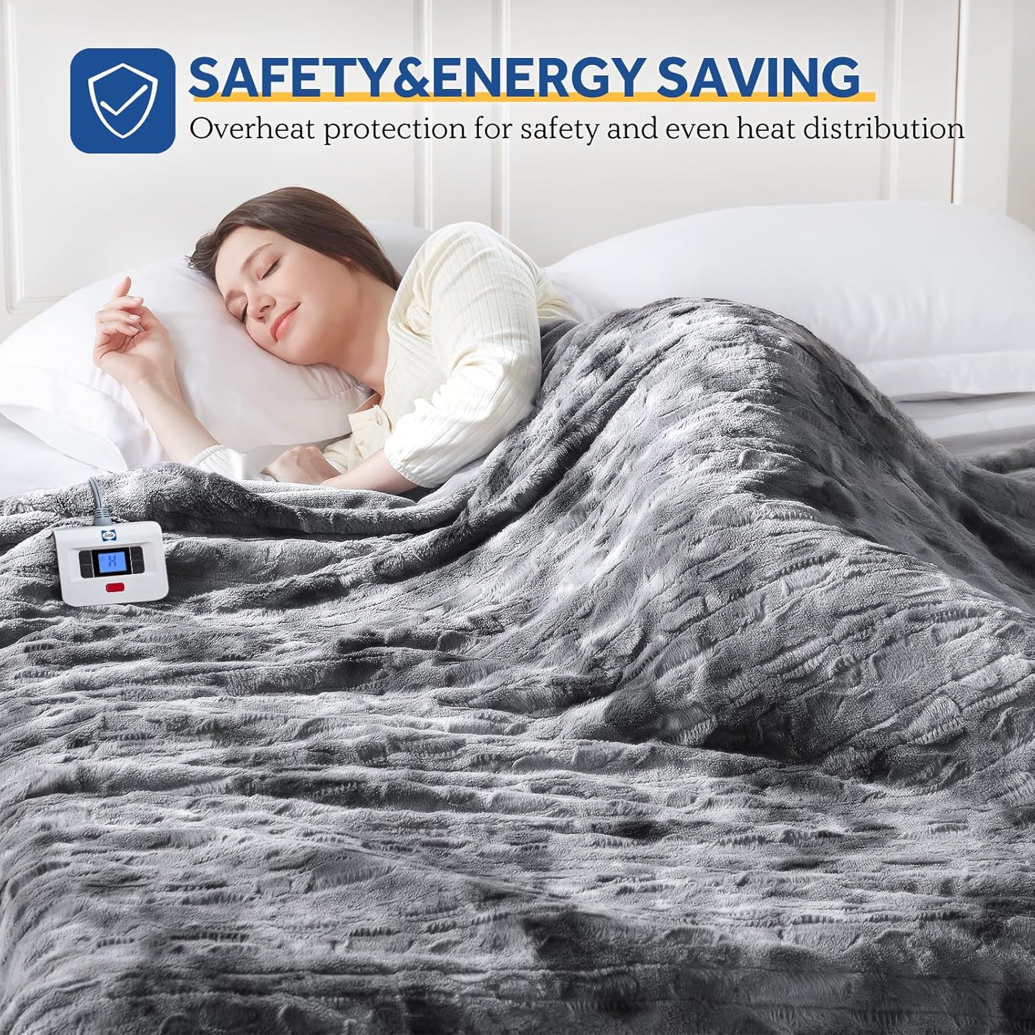 Sealy Electric Blanket Full Size, Heated Warming Blanket Faux Fur & Flannel with 10 Heating Levels & 1-12 Hours Auto Shut Off, Fast Heating, Machine Washable, Grey, 80 x 84 Inch