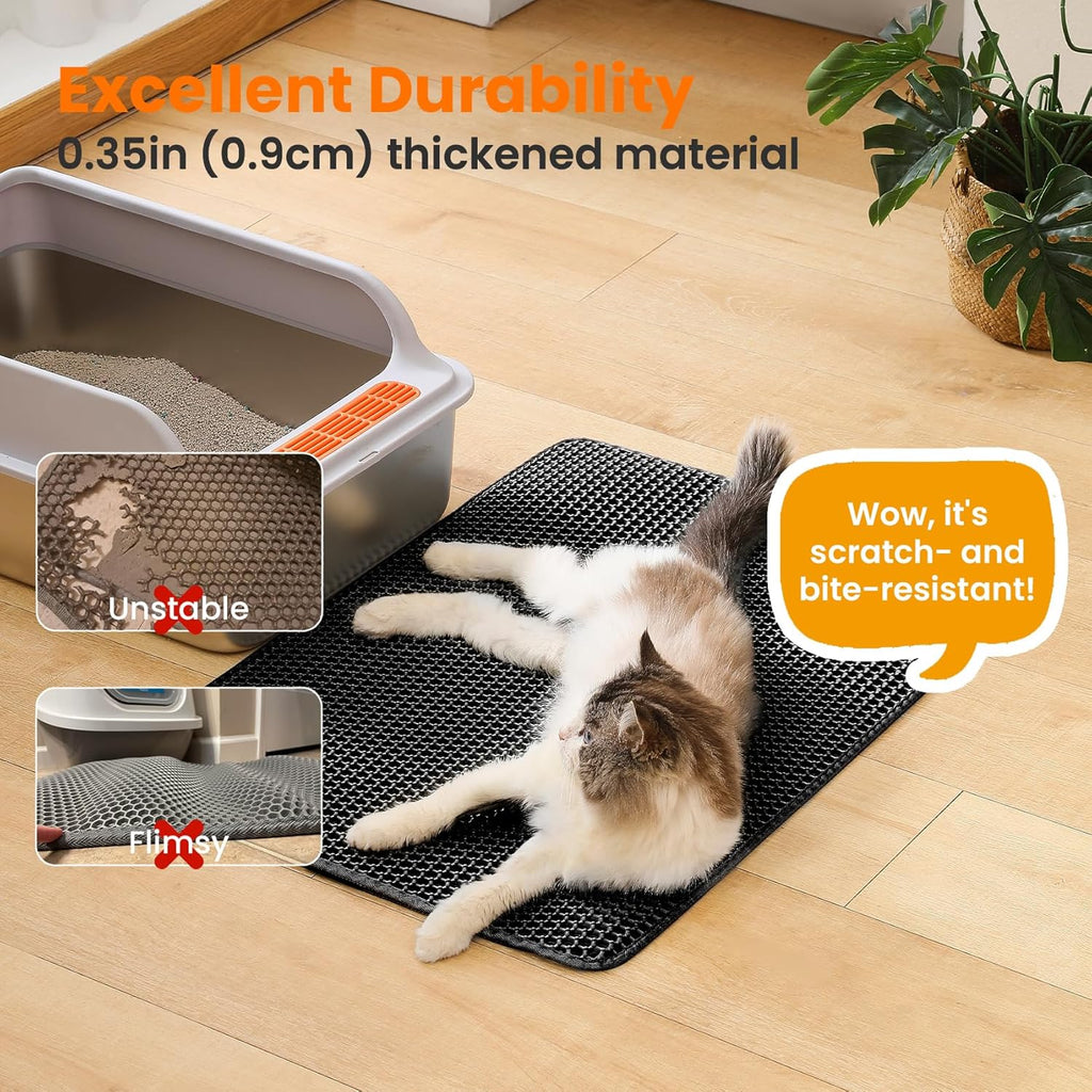 Extra Large Cat Litter Mat, 30x22 Inches Honeycomb Double Layer Cat Litter Trapping Mat, Non Slip Waterproof Urine Proof Large Kitty Litter Box Mat for Floor, Kitten Supplies, XL, Black