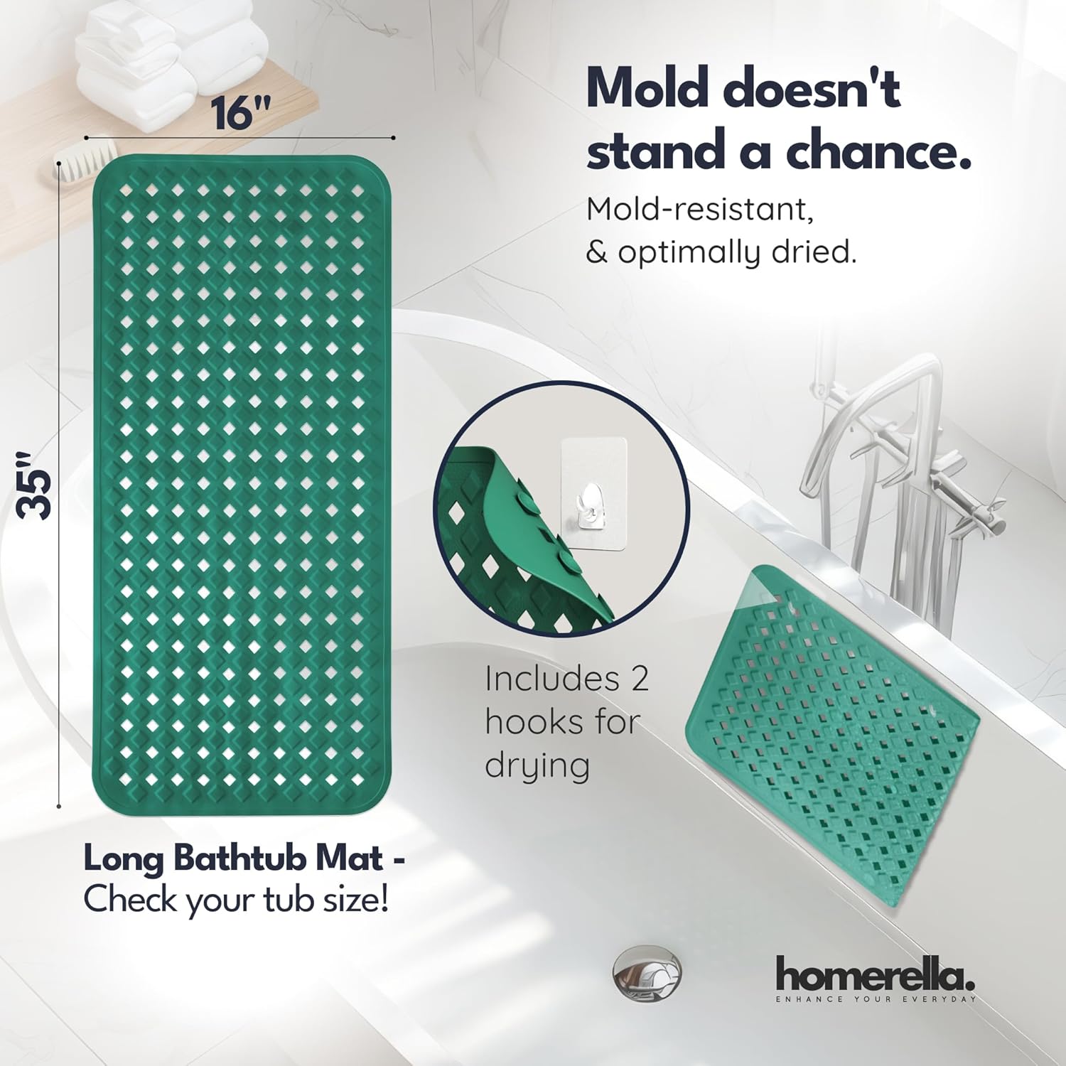 homerella® Bathtub Mat Non Slip 35x16, Incl. Hooks for Drying, Extra Long, 100% BPA Free, Shower Mat Non Slip Anti Mold, Machine Washable, Shower Mats for Inside Shower Mildew Resistant