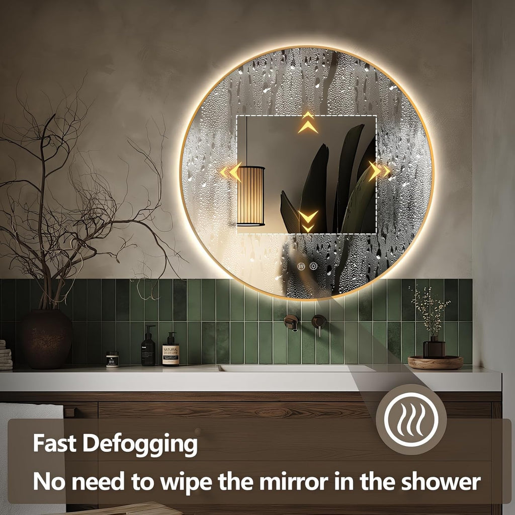 Niccy Round Led Mirror for Bathroom, 36" Backlit Mirror for Wall Circle Lighted Mirror with Gold Frame Anti-Fog, 3 Colors, HD Glass and IP65 Waterproof