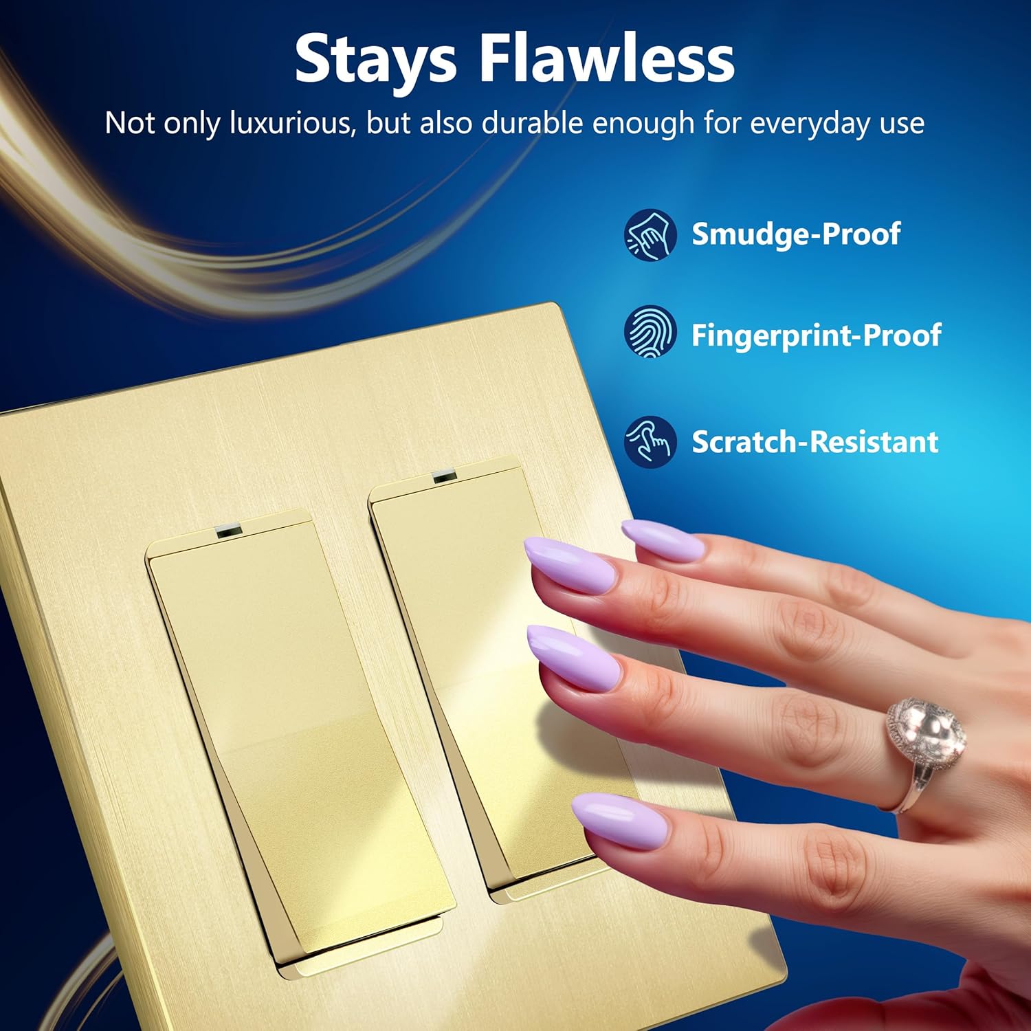 LIDER Matte Finish Decorator Switch Cover, Screwless Wall Plate, Mid-Size 2-Gang 4.88" x 4.92", Unbreakable Polycarbonate Thermoplastic, UL Listed, LSWP-32M-GD, Gold