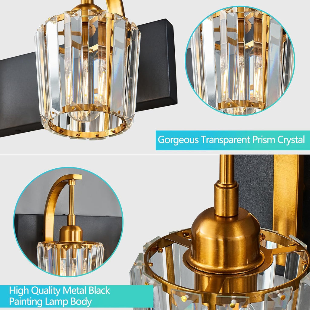 Modern Bathroom Vanity Light, 5-Light Black Gold Wall Sconce with Crystal Accents, Over Mirror Bathroom Lighting Fixture, 42.52" Long Dimmable Vanity Lamp for Makeup, Easy Installation