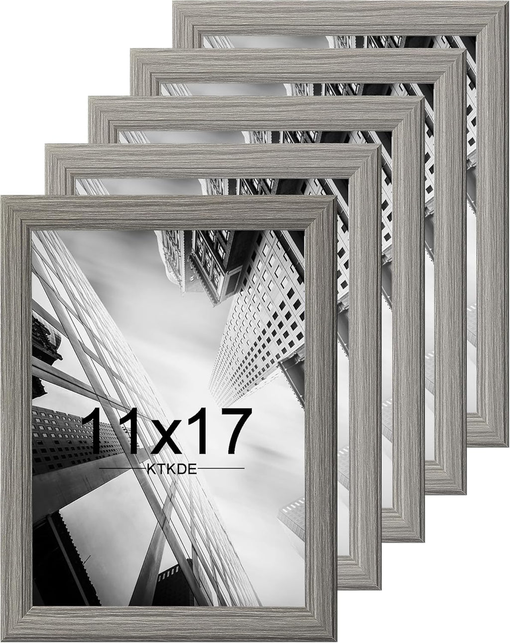 KTKDE 11x17 Picture Frame Set of 5, Wooden frames Grey, Vertical & Horizontal Wall Hanging for Wall Display,Studio Gallery Photo Frame for Photos, Posters & Art Prints
