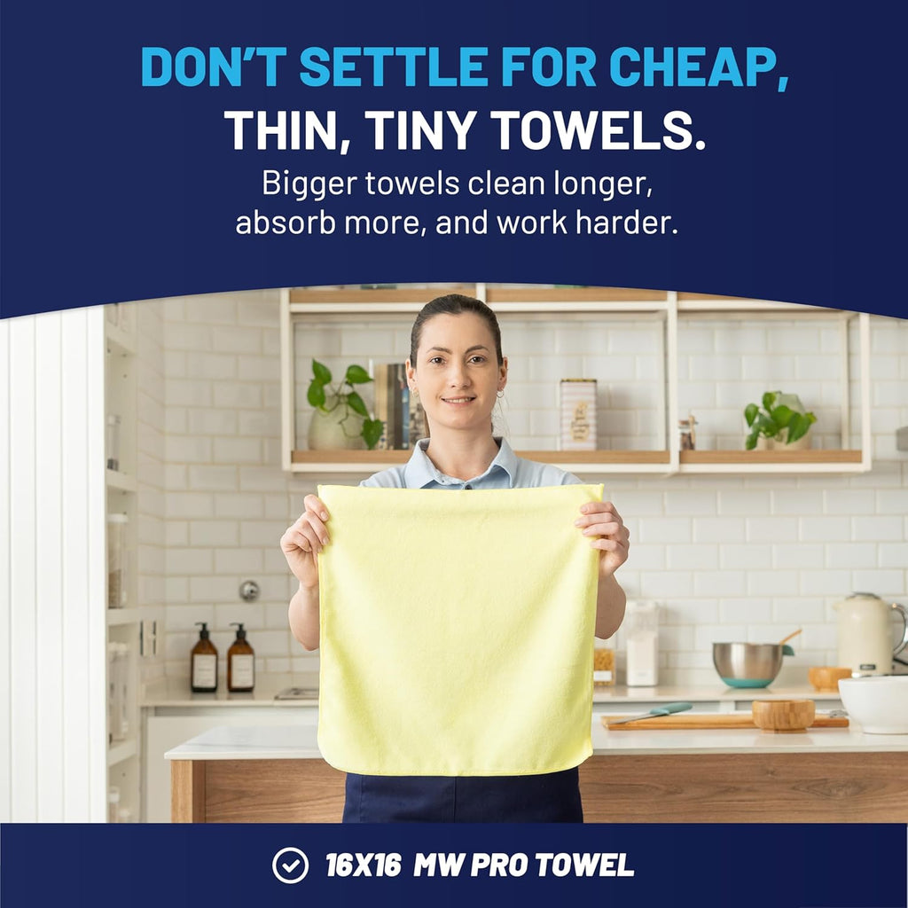 MW Pro Microfiber Cleaning Cloth | Yellow (12 Pack) | Size 16" x 16" | All Purpose Microfiber Towels - Clean, Dust, Polish, Scrub, Absorbent
