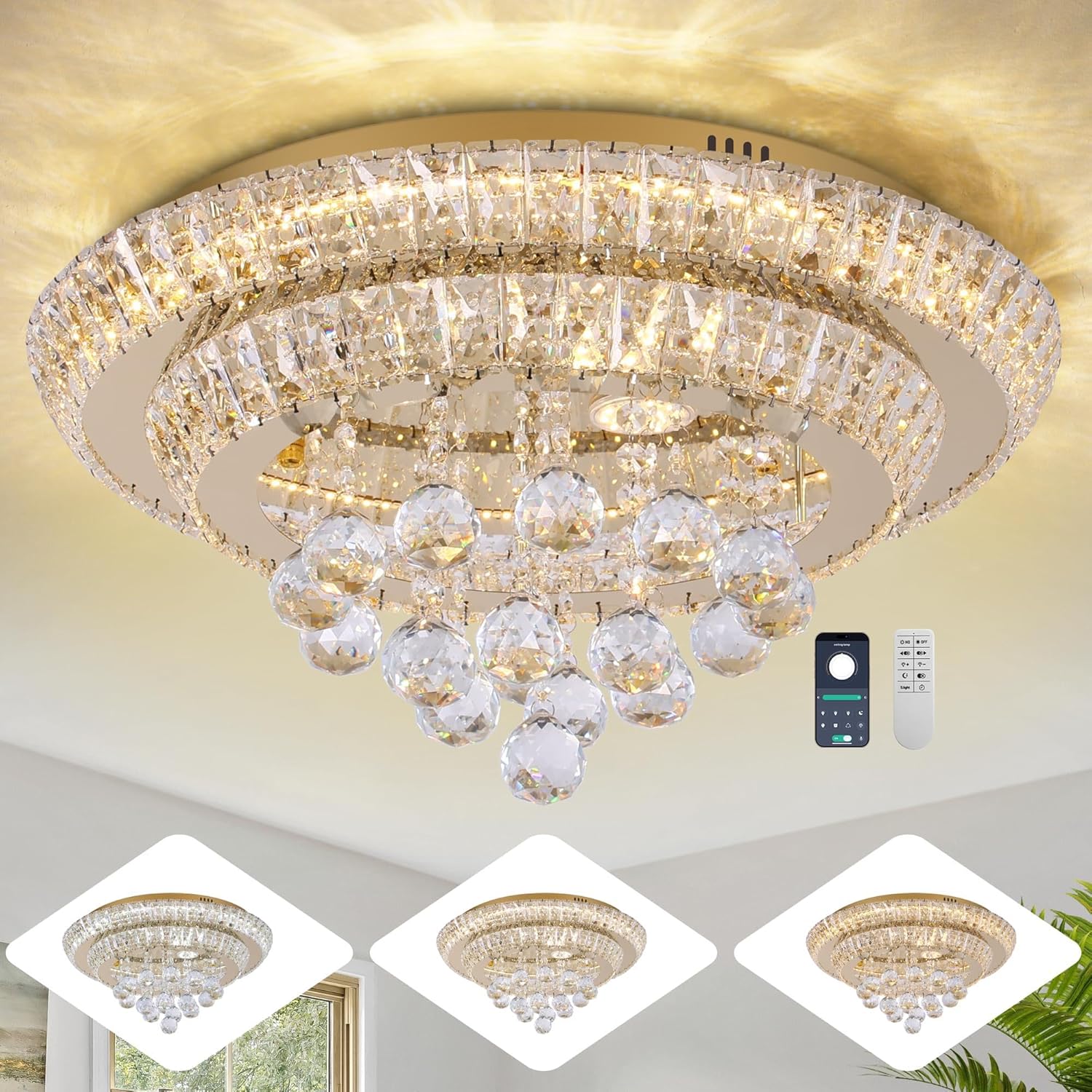 Large LED Crystal Raindrop Ceiling Light,Rose Gold, 20" Elegant Semi Flush Mount Chandelier Light Fixture with Remote Control for Living Room Kitchen Bedroom Hallway Entryway Foyer(Dimmable)