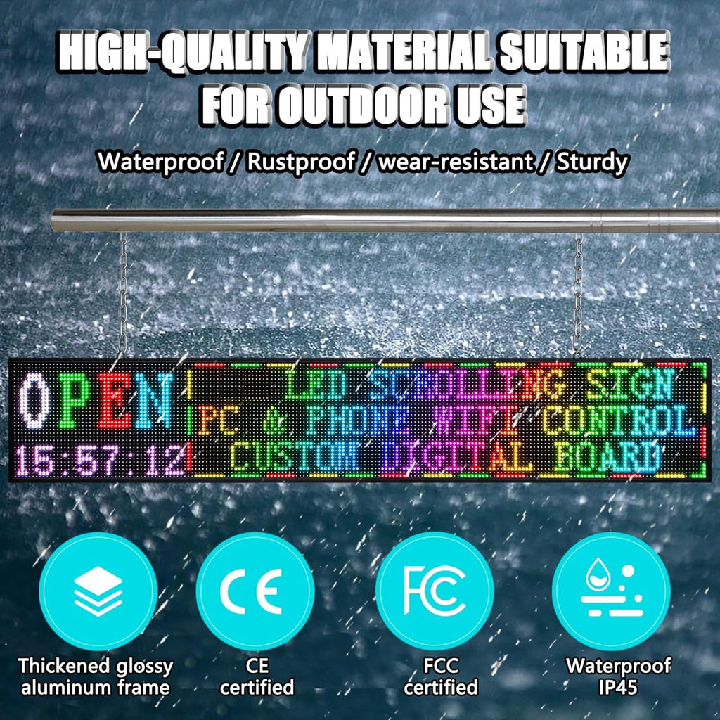 P10 Outdoor Led Sign 77"x14" WiFi Programmable with High Brightness Scrolling LED Sign for Business Digital Advertising Display Electronic Message Board