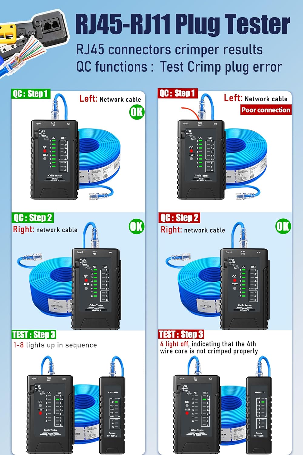 NF-468CS Network Cable Tester - Ethernet Tester, Cable Mapper with Continuity Test, Suitable for RJ45/RJ11/RJ12/POE/CAT3/CAT5/CAT5E/CAT6/CAT6A, UTP/STP, LAN and Telephone Line Testing Tool