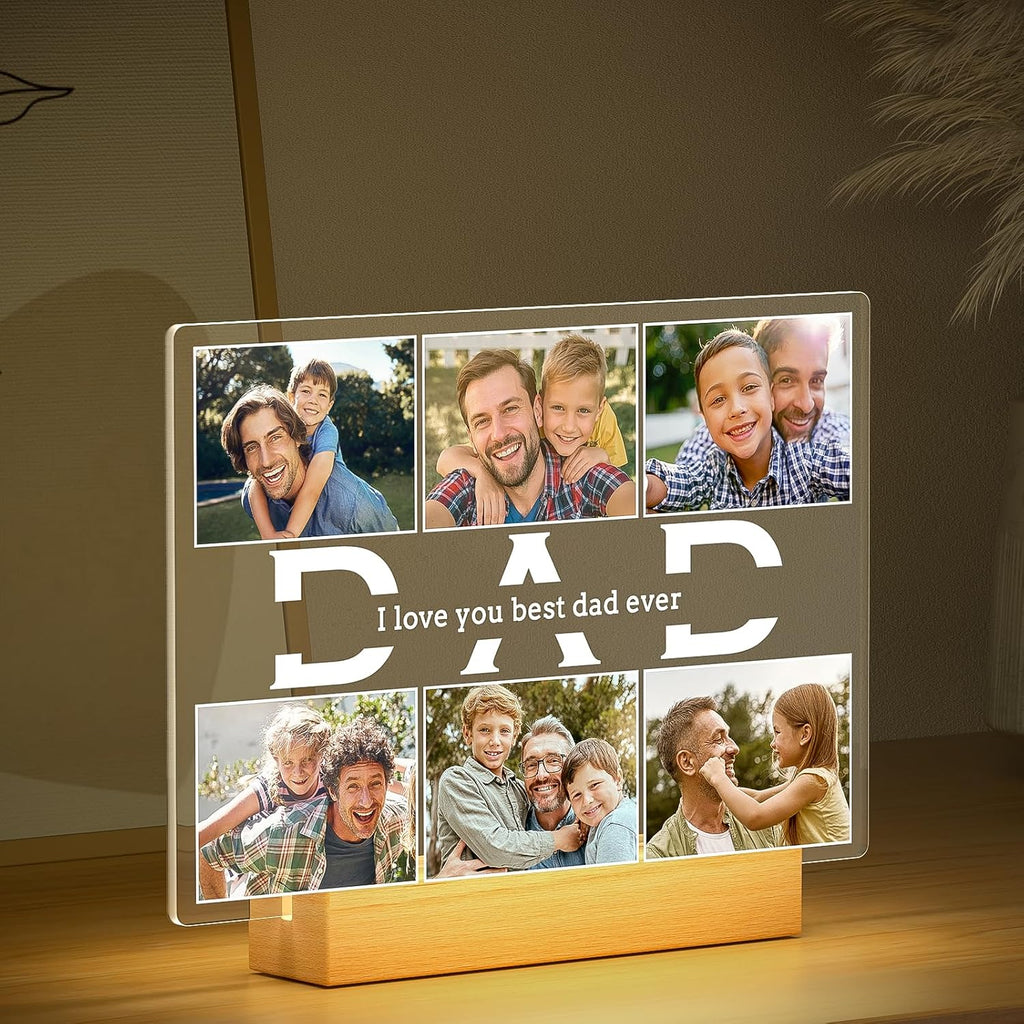 Personalized Gifts for Dad from Daughter and Son, Custom Picture Frames with Photos, Personalized Photo Frame with Night Light, Customized Birthday Gifts for Dad Baby Kid Family