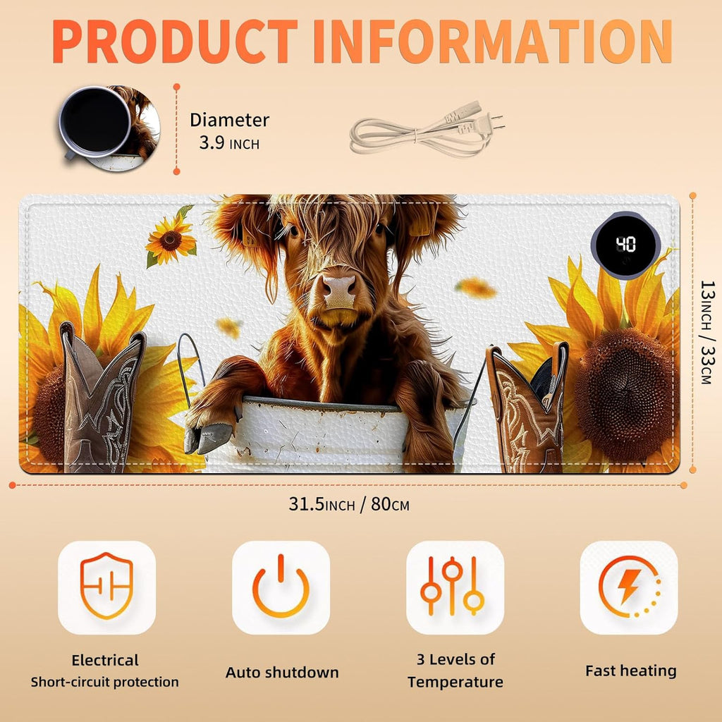 Heated Mouse Pad, Warm Desk Pad, Keyboard Mat 31.5 x 13 Inch Large Size Intelligent Fast Heating, 3 Speed Adjustable, Timed Auto Power Off for Game Office Home,Sunflower Highland Cattle
