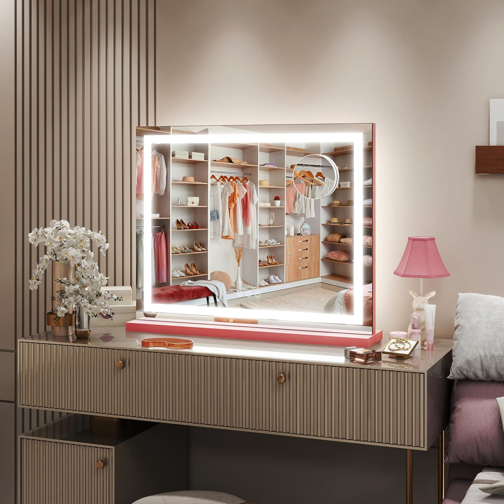 FENNIO Vanity Mirror with Lights 23"x18", Lighted Makeup Mirror, Large Vanity Mirror, Touch Sensor with 3-Color Lighting, 10X Magnification and USB Charging Port for Vanity Desk（Square Pink）