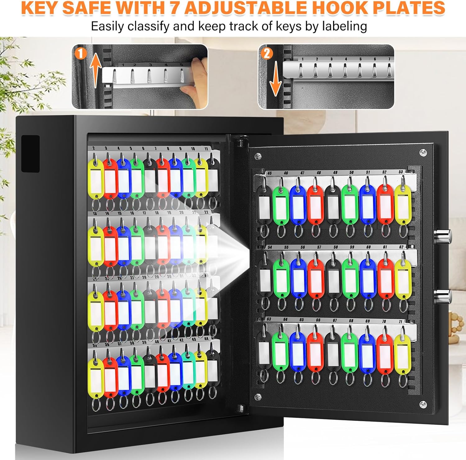 71 Keys Fireproof Key Lock Box, Anti-Theft Key Box Wall Mount with Adjustable Hook Plates, Key Tags and Side Opening, Key Safe Key Cabinet Key Organizer for Home Office Garage Rental Business