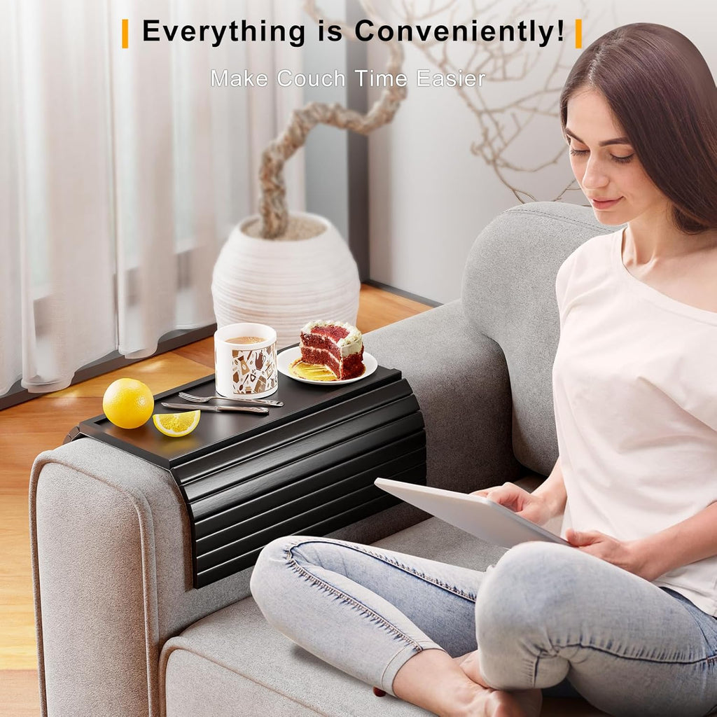 Bamboo Sofa Armrest Tray Table for Couch - 2-in-1 Couch Arm Table with Be Slide Detachable Tray- Anti-Slip Foldable Sofa Armchair Caddy for Drinks Cellphone TV Remote Snacks (Black)