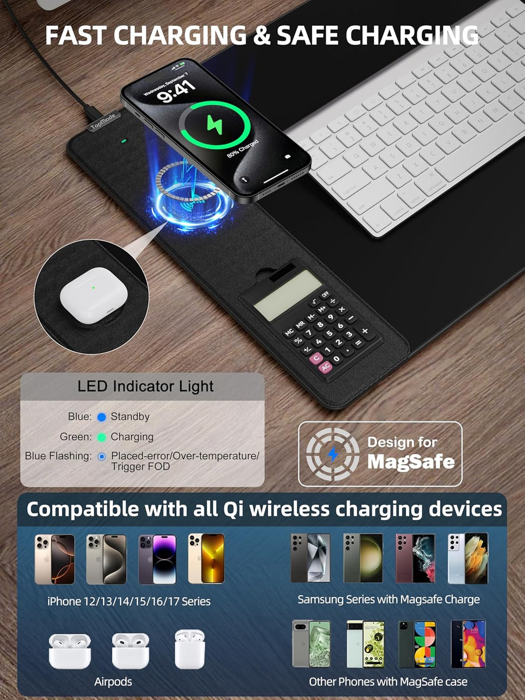 TopMade Mouse Pad with 15W Wireless Charging, Removable 8-Digit Solar Calculator, 31.5" x 15.75" XXL Large Desk Pad, Gaming Computer Keyboard Pad, Waterproof Mousepad Home Office Desk Mat, Black