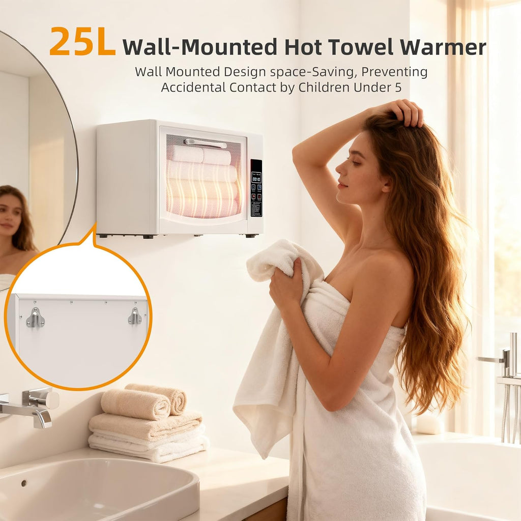 SIXRARI 25L Hot Towel Warmer Cabinet, Wall-Mounted Towel Warmers, Rapid Heating(20/40/60 min), LED Display, Smart Timed Towel Heater for Bathroom, Fits Up to 2 Large Towels, Blankets or Robes(White)
