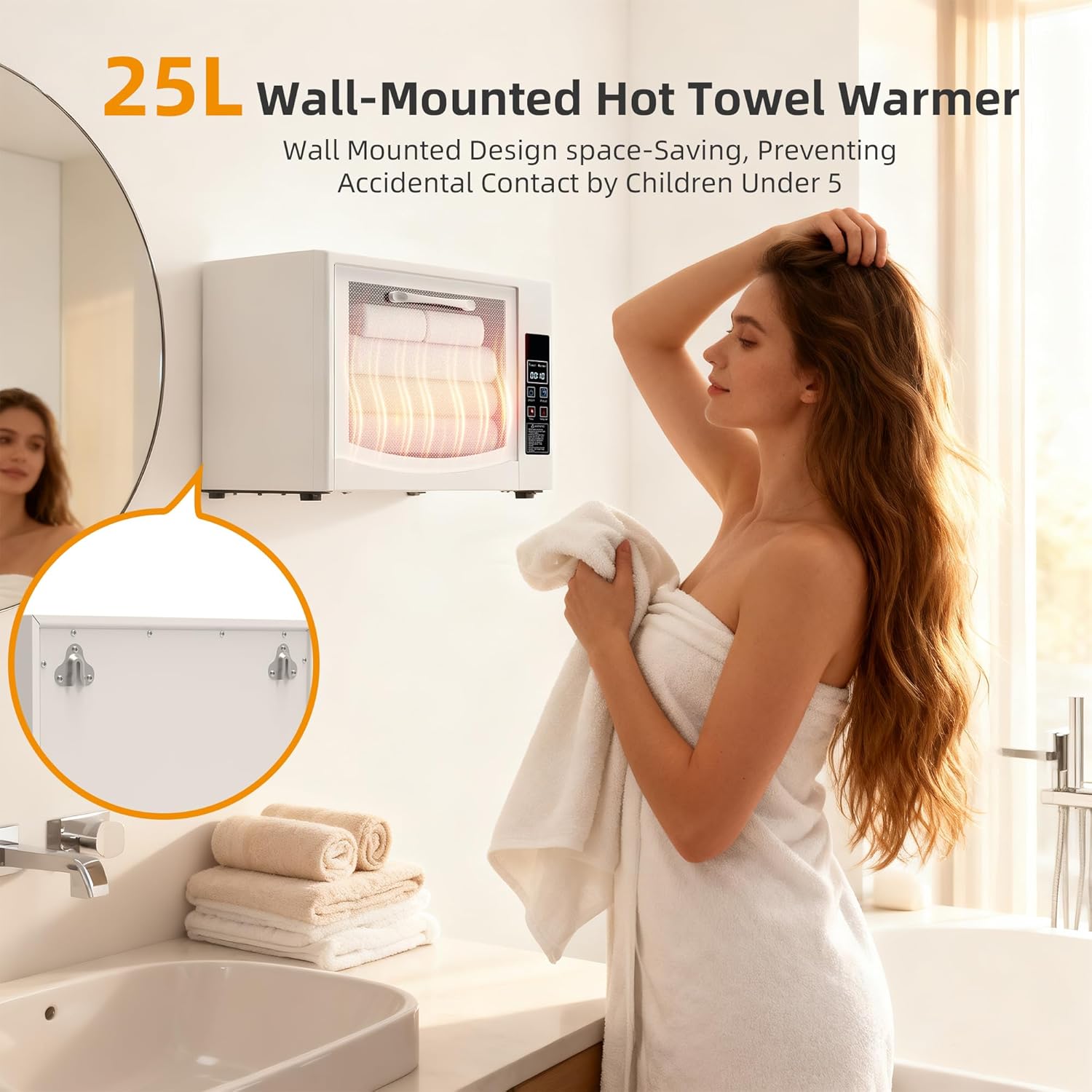 SIXRARI 25L Hot Towel Warmer Cabinet, Wall-Mounted Towel Warmers, Rapid Heating(20/40/60 min), LED Display, Smart Timed Towel Heater for Bathroom, Fits Up to 2 Large Towels, Blankets or Robes(White)
