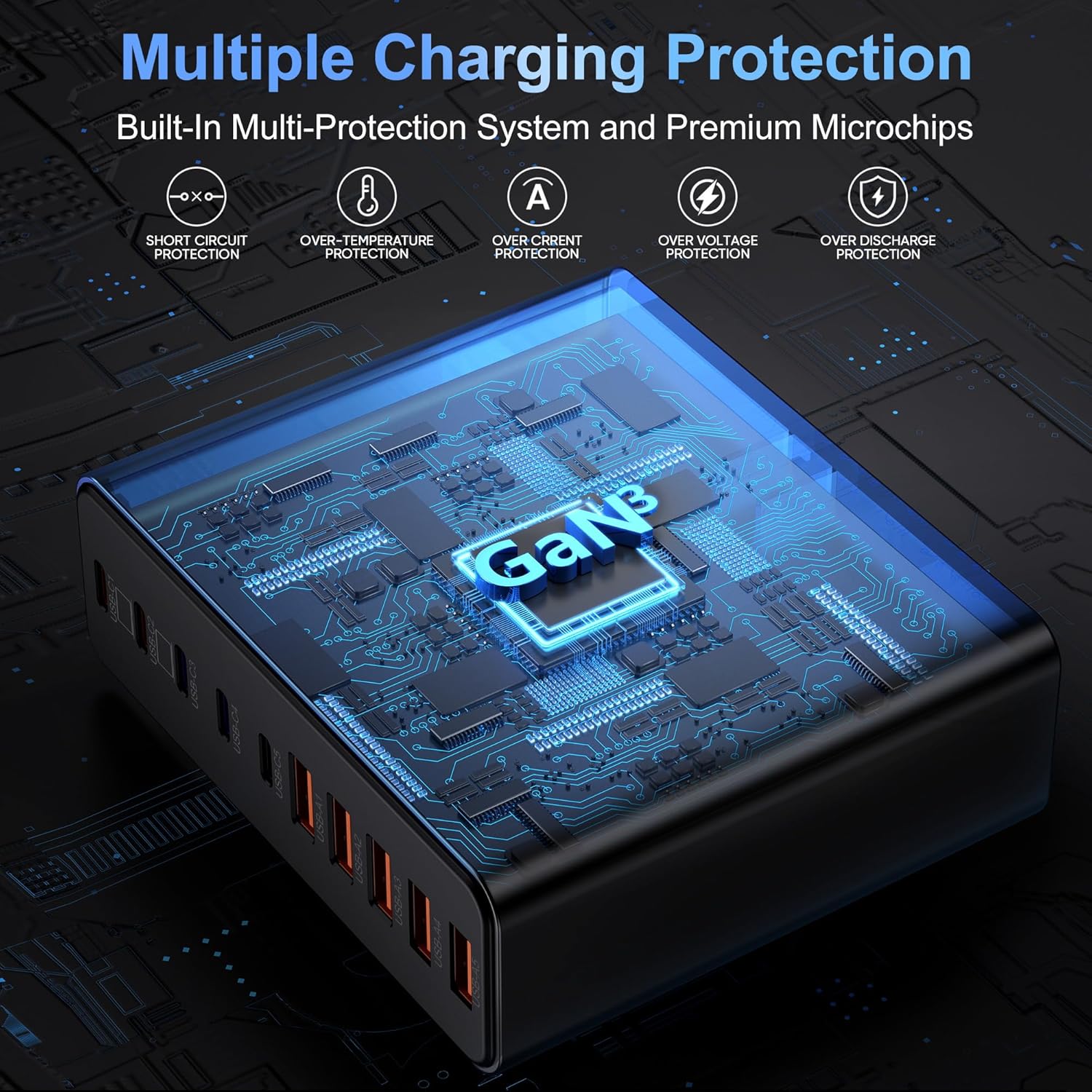 750W USB C Charger Block,10-Port Charging Station GaN Fast Charging Type C & USB A Wall Charger Adapter for MacBook Pro/Air,iPhone,iPad,Dell XPS,Samsung Galaxy (Bright Black)
