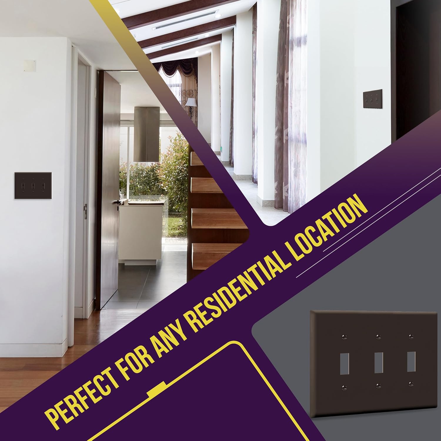 ENERLITES Triple Light Switch Wall Plate, Toggle Switch Plate, Gloss Finish, 3-Gang Mid-Size 4.88" x 6.77", Unbreakable Polycarbonate Thermoplastic, UL Listed, 8813M-BR, Brown