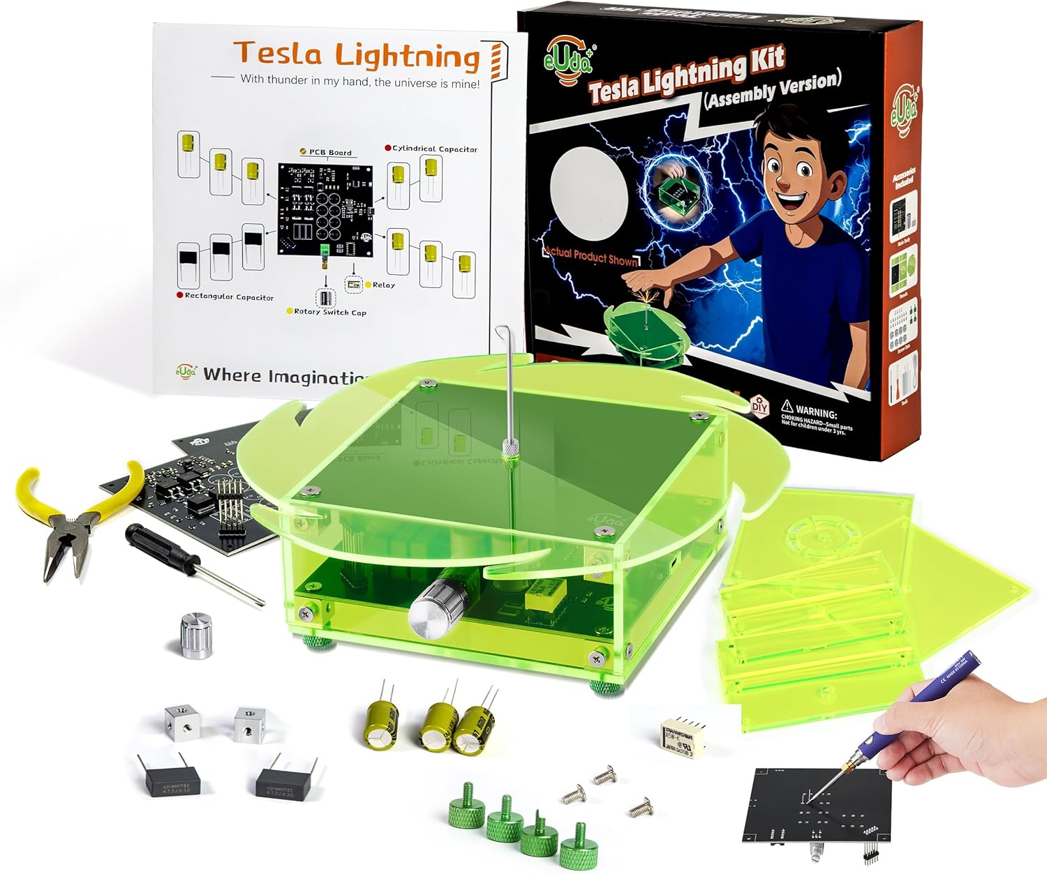 STEM Science Building Kit for Kids–Electronic Tesla Lightning Kit–Easy DIY Science Gadgets & Crafts–Unique Educational Gift Toys for Fun and Learning(Soldering Version) (Fire Wheel-Fluorescent Green)