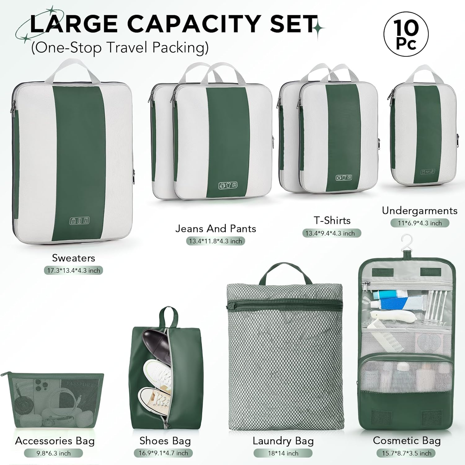 10 Set Compression Packing Cubes for Travel Essentials,Compressible Expandable Packing Cubes for Suitcase,OlarHike Luggage Organizer Bags for Travel,Handy Helper for Organizing Clothes(Dark Green)