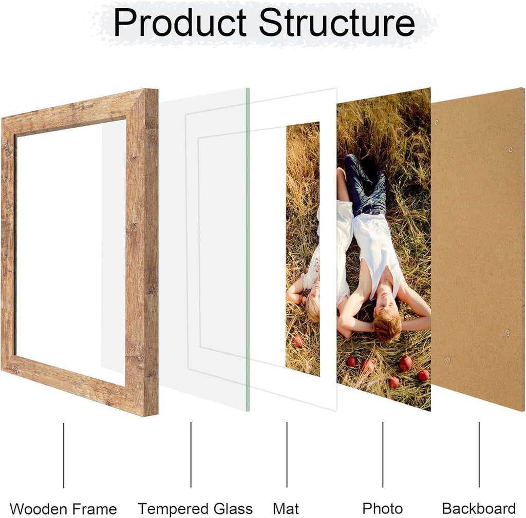 iRahmen 8x12 Picture Frame with HD Tempered Glass, Display Pictures 6x9 with Mat or 8 x 12 Without Mat, Wood Photo Frame for Tabletop and Wall (Rustic Brown, 1 Pack)