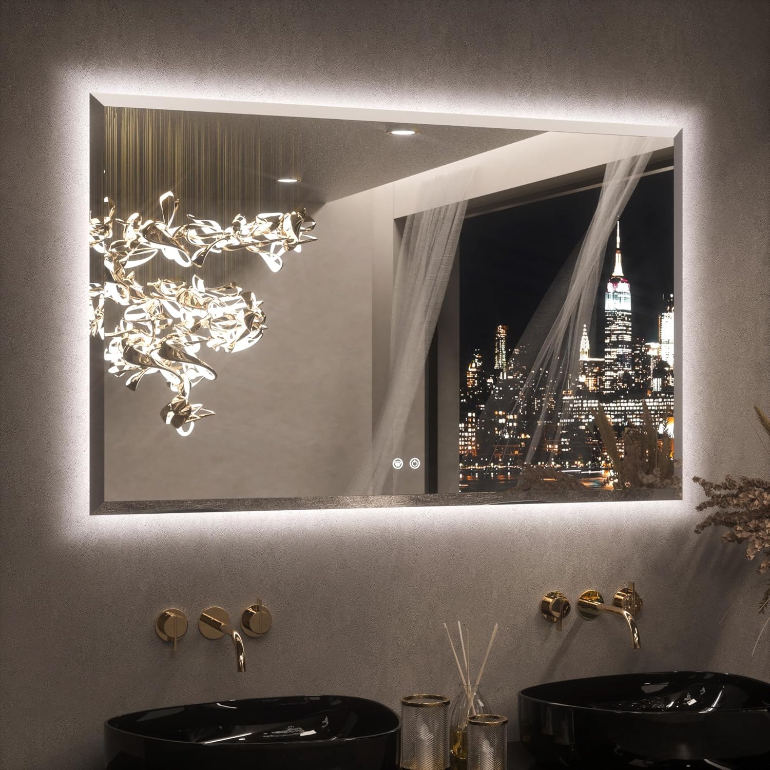 Keonjinn Backlit Mirror Bathroom 48 x 30 Inch, LED Vanity Mirror with Beveled Edge, Tempered Glass, UL-Listed Power Driver, 3 Color Lights, Safe Anti-Fog, Dimmable, Smart Bathroom Mirror with Lights