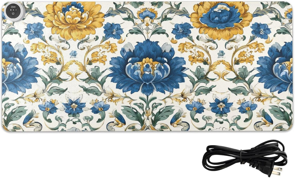 Heated Desk Pad Mouse Pad 31.5x13 Inch PU Leather Desk Mat with 3 Heat Levels Large Mouse Gaming Computer Laptop Mat Royal Floral Blue and Yellow Tile