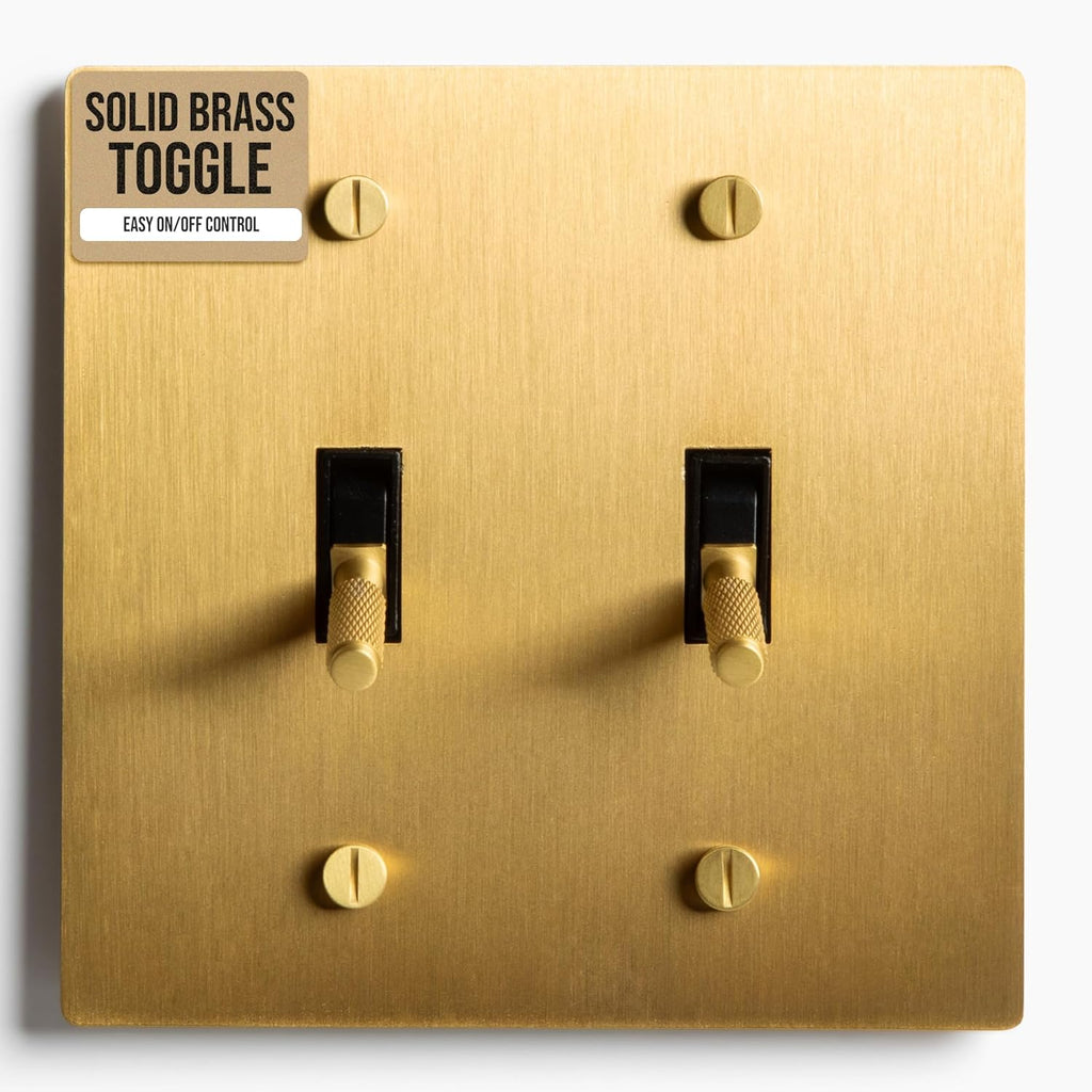 2-Gang Satin Solid Brass Plated Toggle Switch, 15A 120V AC Wall Mount, 3-Way Compatible Vintage Style Single Pole with Faceplate & Switch Module