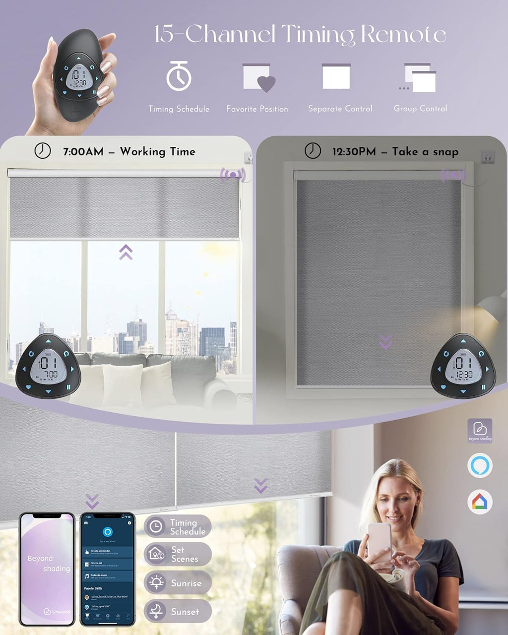 Graywind Motorized Silky Light Filtering Shades Compatible with Alexa Google Hardwired WiFi Smart Half Shading Remote Control Automated Blinds Electric Window Shades, Custom Size (Silky Silver Grey)
