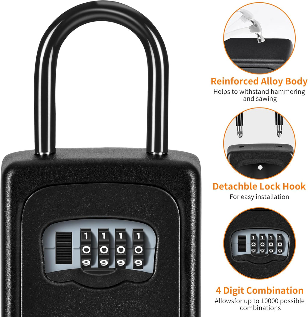 Portable Key Lock Box for House Key, Weatherproof Resettable Code House Key Safe Security Lock(4 Pack, Black)