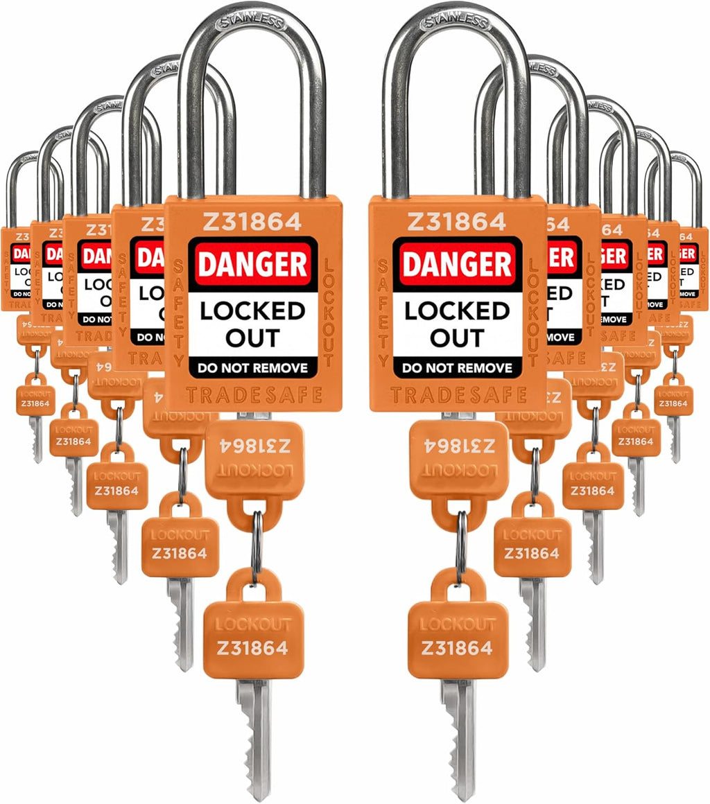 TRADESAFE Lockout Tagout Locks Set - 10 Orange Keyed Alike Padlocks, 2 Keys Per Lock, OSHA Compliant Loto Locks for Lock Out Tag Out Stations, Premium Grade