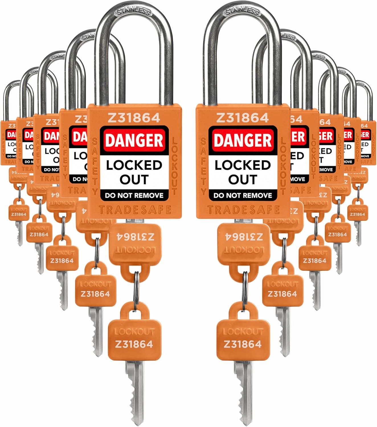 TRADESAFE Lockout Tagout Locks Set - 10 Orange Keyed Alike Padlocks, 2 Keys Per Lock, OSHA Compliant Loto Locks for Lock Out Tag Out Stations, Premium Grade