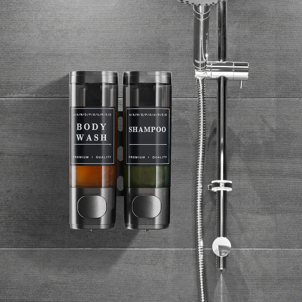 2-Chamber Wall-Mounted Shower Soap Dispenser for Shampoo and Conditioner - No Drill, Large Capacity Bathroom Dispenser for Hotel - Gun Gray