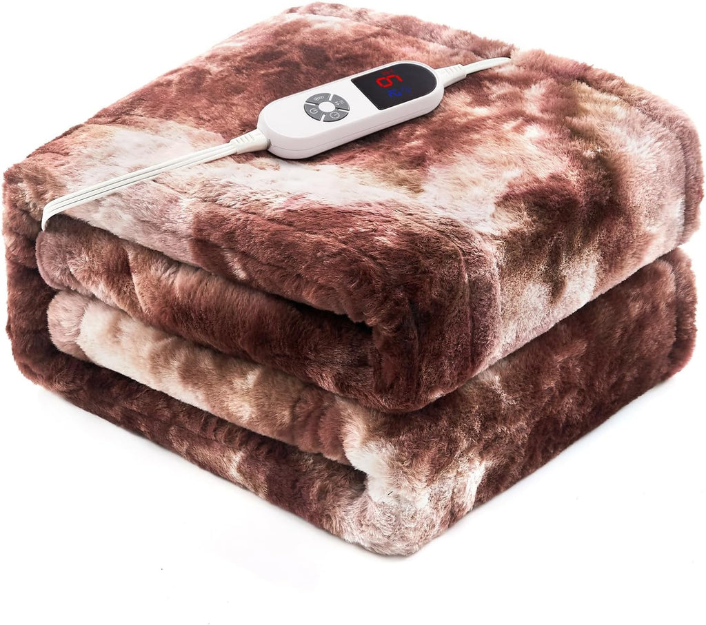 Electric Heated Twin Blanket 62"x84",Luxury White Coffee Faux Rabbit Fur Electric Blanket,Fast Heating Soft Fluffy Thick Electric Blanket with 6 Heating Levels & 12H Auto Off