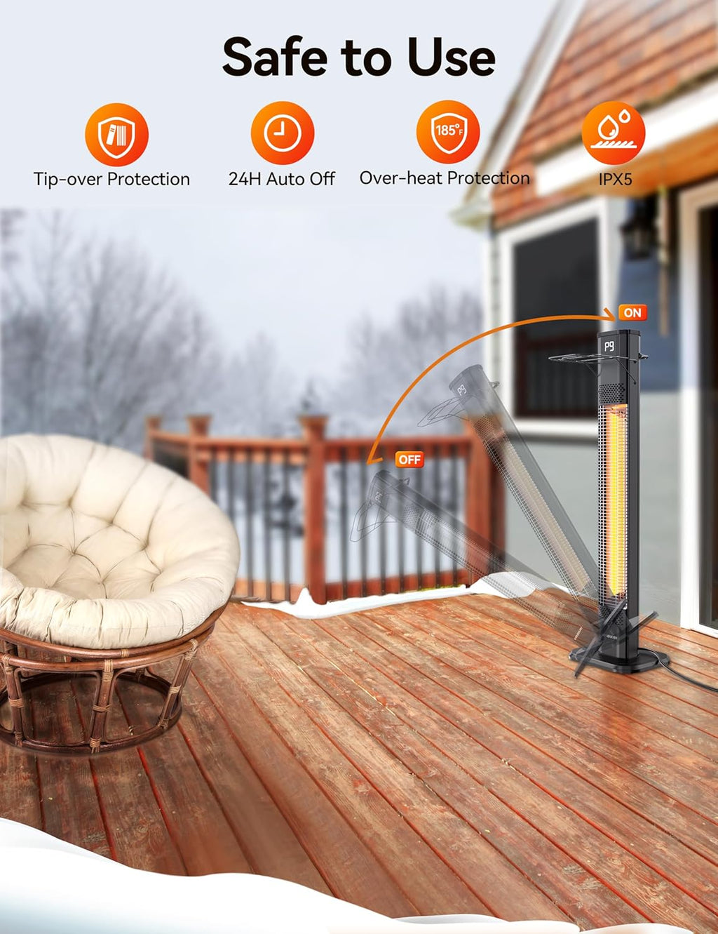 VAGKRI 42" 1500W Electric Outdoor Infrared Heater with Remote, 9 Heat Levels, 24H Timer, 1S Fast Heating, IPX5 Waterproof Tower Space Heater for Home, Office, Patio, Garage
