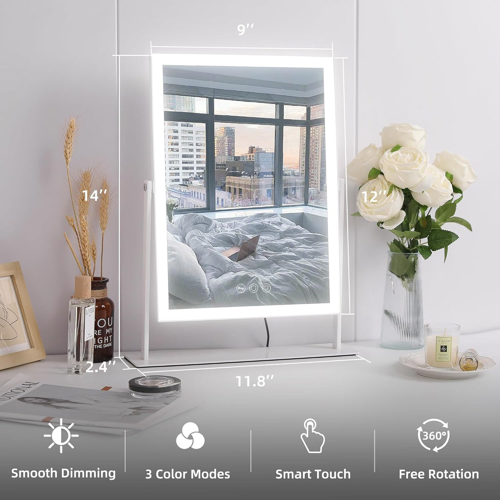 VANITII Vanity Mirror with Lights 12”x16” Hollywood Makeup Mirror with 10X Magnification and Free Rotation Dimmable 3 Color Modes Smart Touch LED Mirror