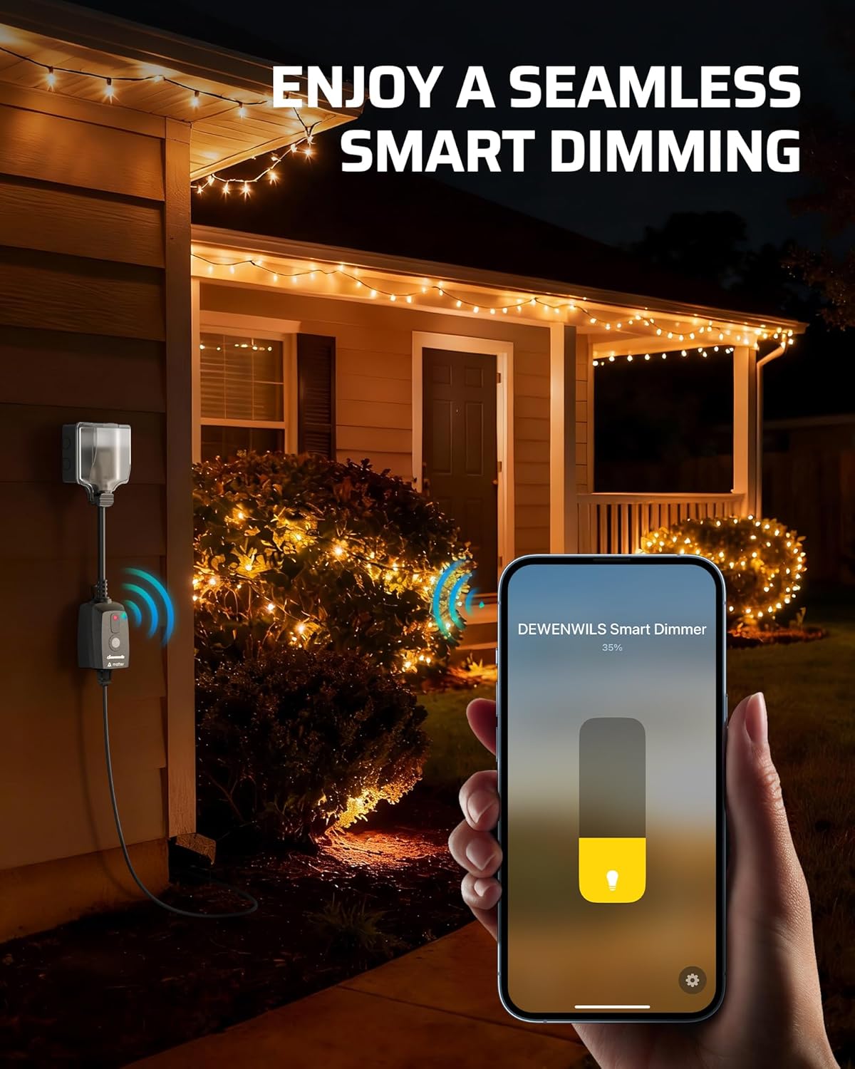 DEWENWILS Wi-Fi Matter Smart Dimmer Plug, Outdoor Dimmer for String Lights, Works with Alexa, Google Home, SmartThings, 100FT Remote, for 150W Dimmable LED/300W Tungsten Bulbs