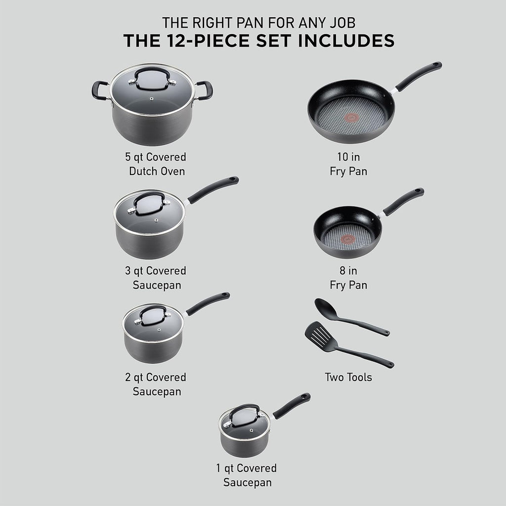 T-fal Ultimate Hard Anodized Nonstick Cookware Set 12 Piece, Oven Broiler Safe 400F, Lid Safe 350F, Kitchen Cooking Set w/Fry Pans, Saucepans, Dutch Oven, Pots and Pans, Dishwasher Safe, Black