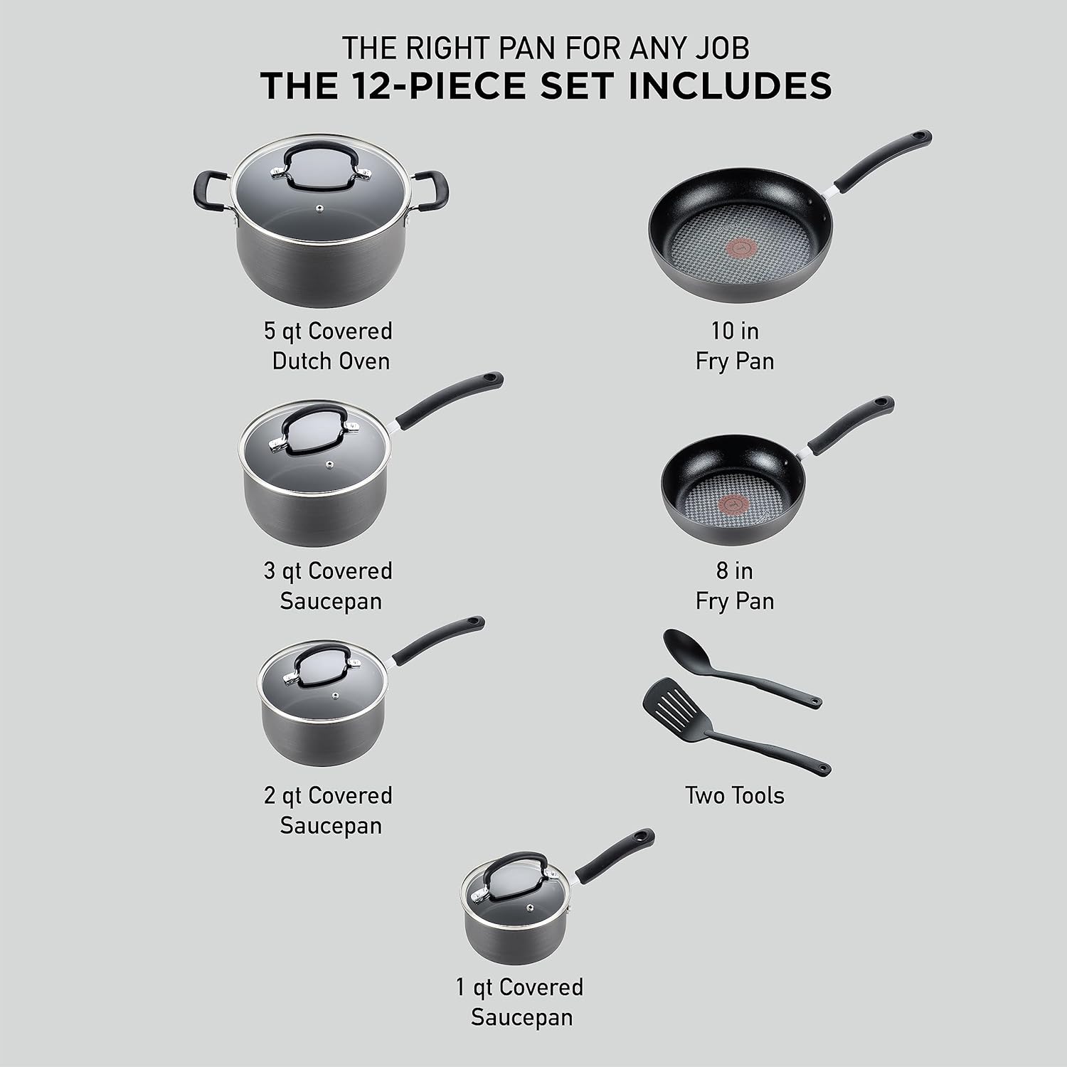 T-fal Ultimate Hard Anodized Nonstick Cookware Set 12 Piece, Oven Broiler Safe 400F, Lid Safe 350F, Kitchen Cooking Set w/Fry Pans, Saucepans, Dutch Oven, Pots and Pans, Dishwasher Safe, Black