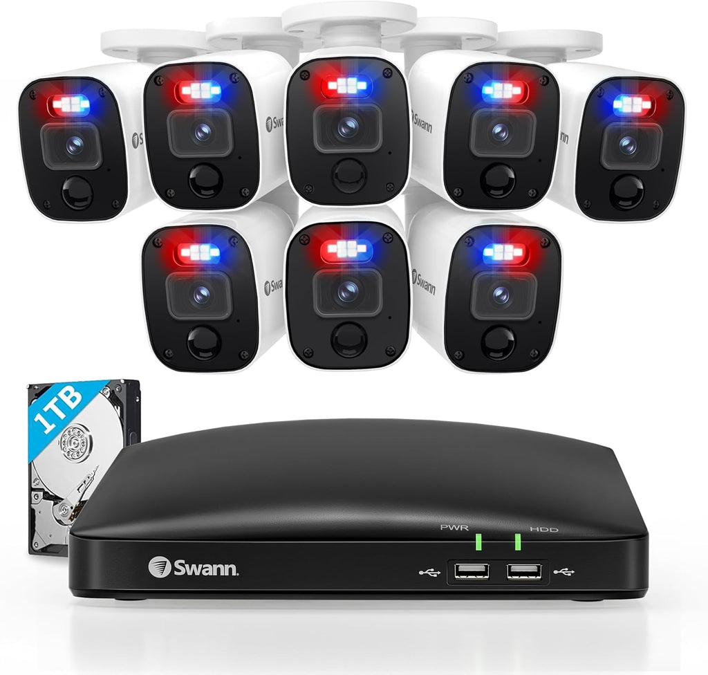 Swann Security Camera, 1080p DVR Bullet Surveillance Cameras with 1TB HDD, 8 Channel 8 Cam, Indoor Outdoor Wired Surveillance Camera, Color Night Vision, Heat Motion Detection, LEDs