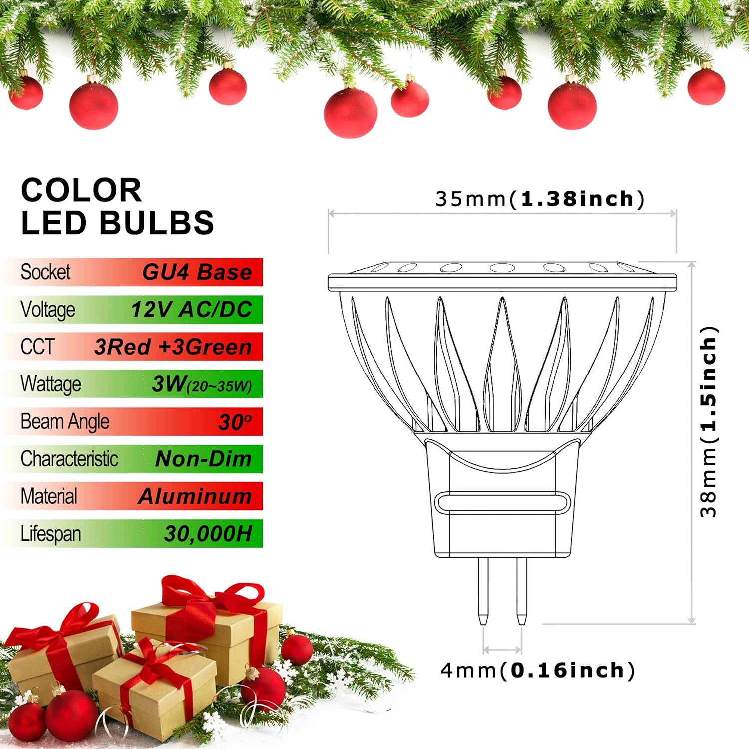 ALIDE Red Green MR11 GU4 Led Bulbs,Replace 10W 20W 35W Halogen,12V 3W Red Green MR11 for Christmas Holiday Decoration Outdoor Landscape Lighting,30 Deg,6 Pack Mix