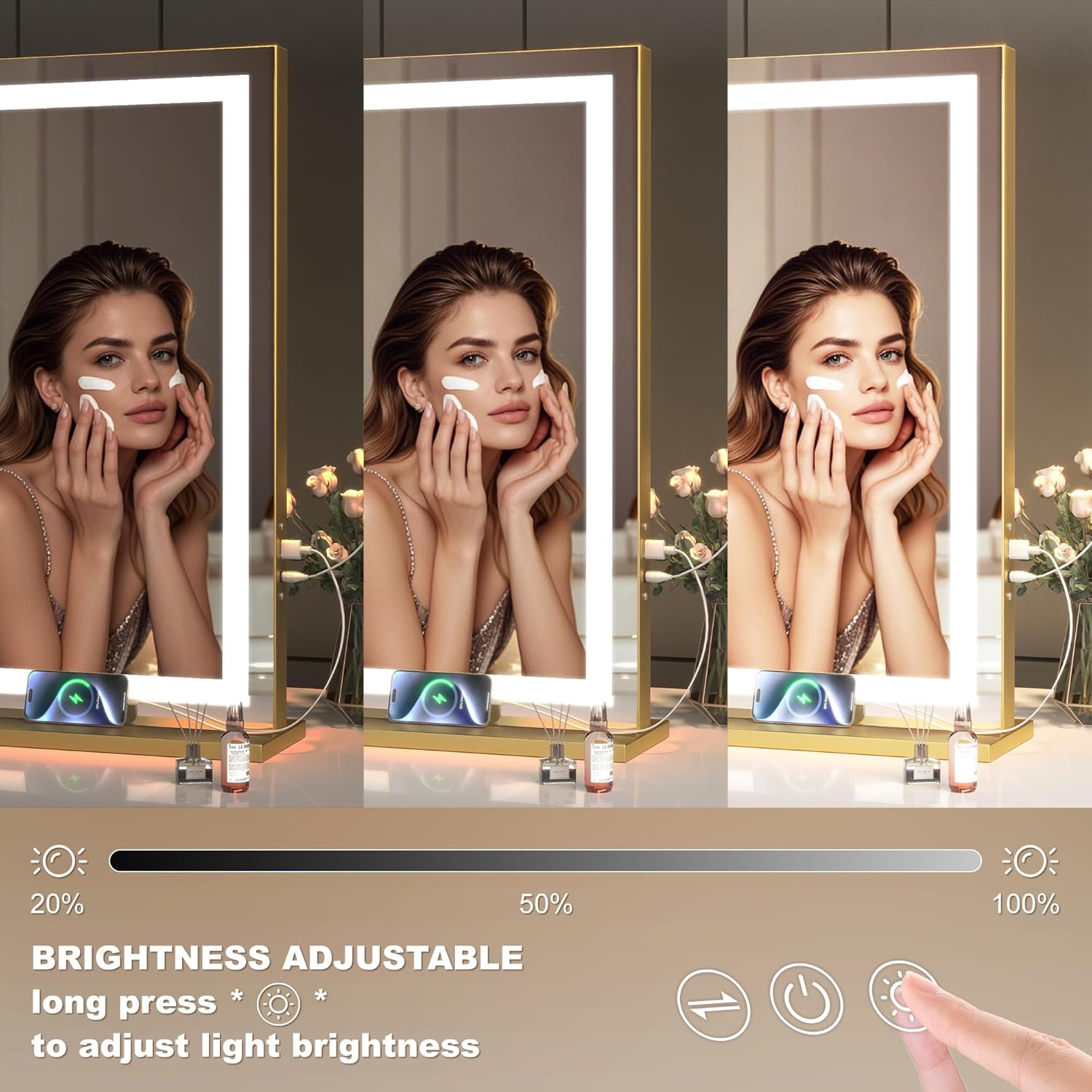 Hasipu Vanity Mirror with Lights, 32" x 22" LED Makeup Mirror, Lighted Makeup Mirror with Dimmable 3 Modes, Touch Screen Control Vanity Mirror Square Gold